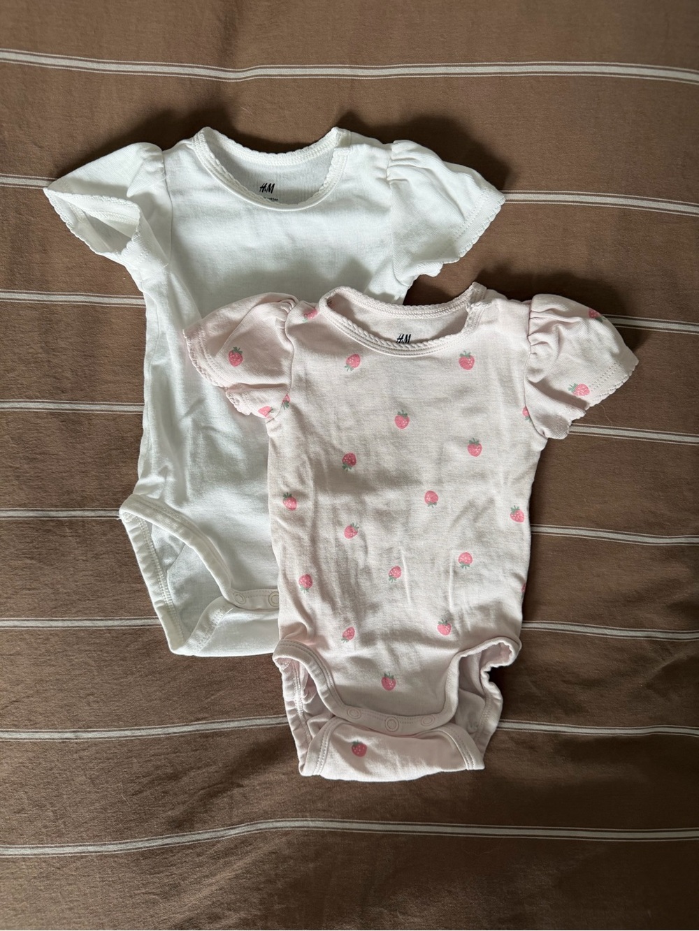 H&M White and Light Pink Strawberry Print Baby One-Piece Bodysuits